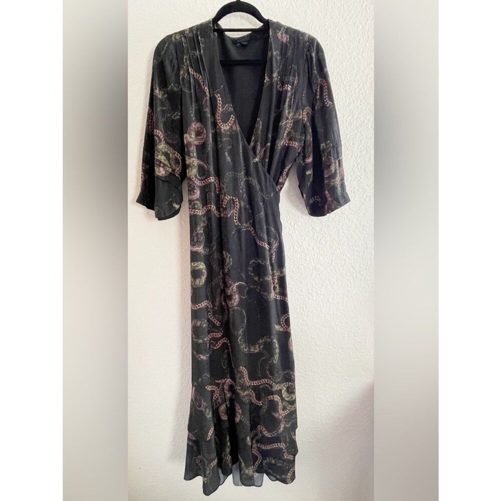 AllSaints Delana Tempest Wrap Slip Dress in deep green with snake- print - Picture 5 of 12